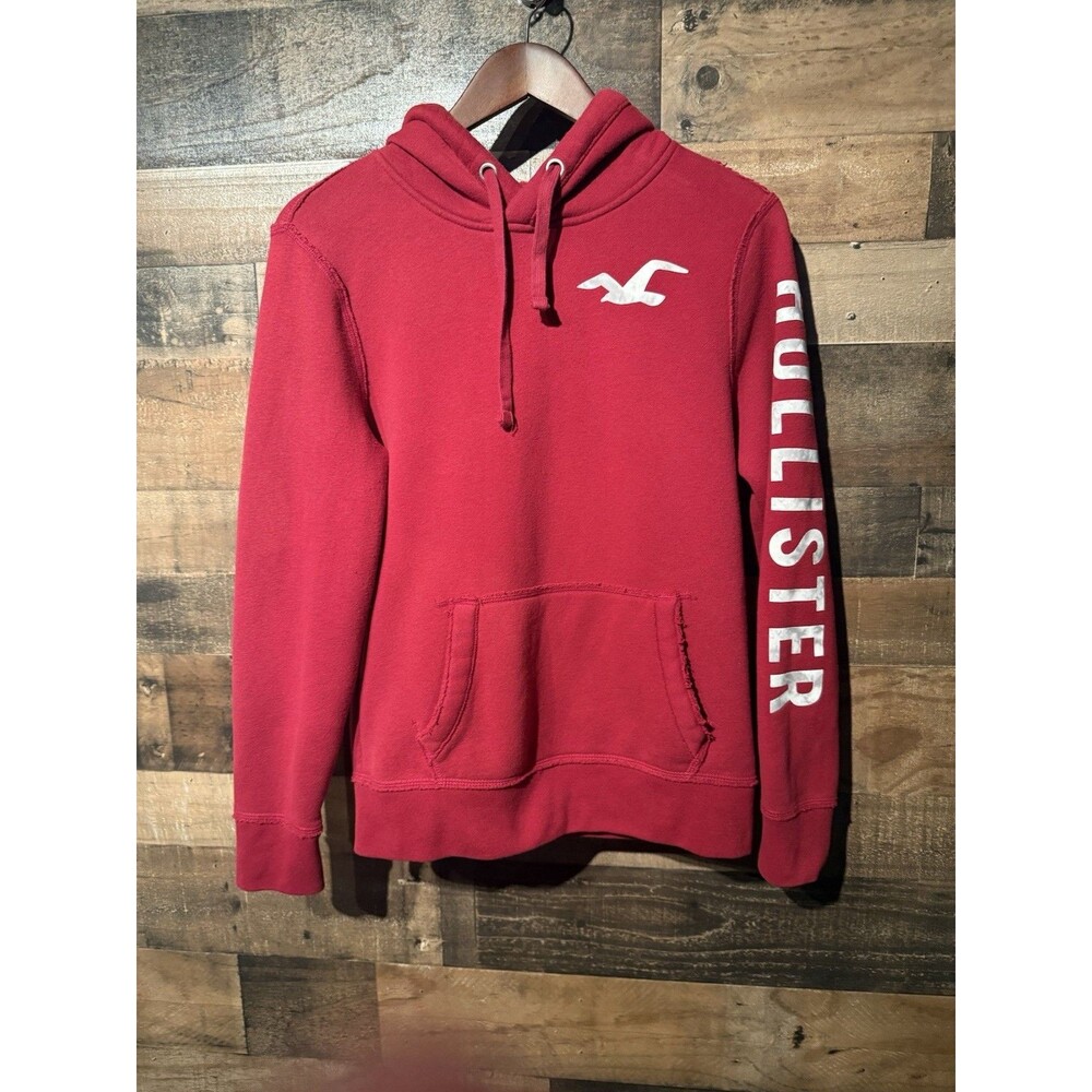 🔥Y2K Hollister Hoodie Mens XS Red Fleece Pullover Spellout Logo Sweatshirt A&F